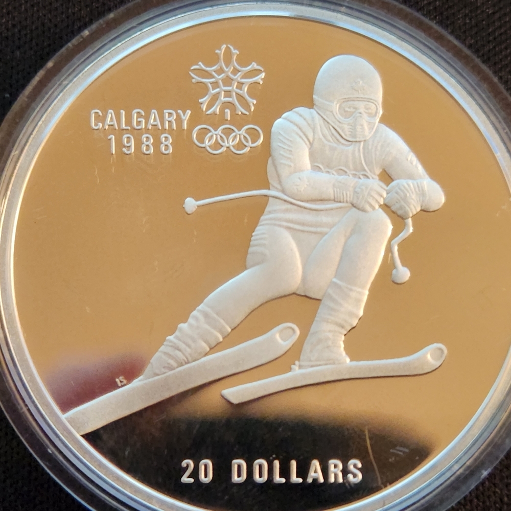 🆕️$20 Silver Coin.1985 for the 1988 Calgary Olympic Games, Skiing. Rare